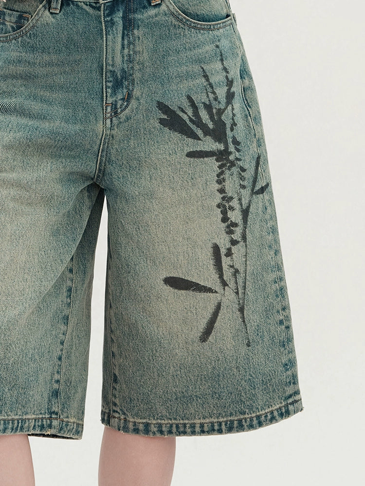 Printed Flowers Retro Distressed Loose Denim Half Pants