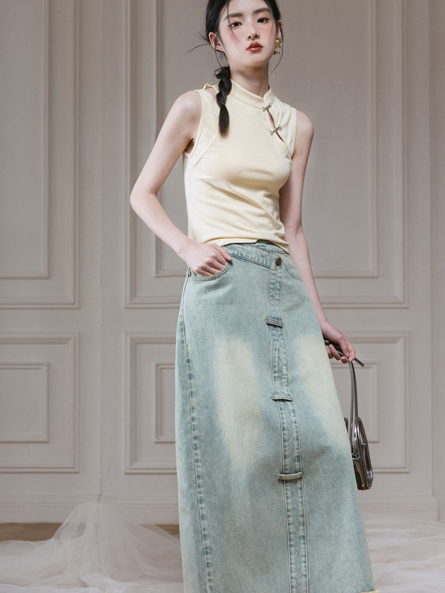 Slanted Placket Distressed Denim Skirt