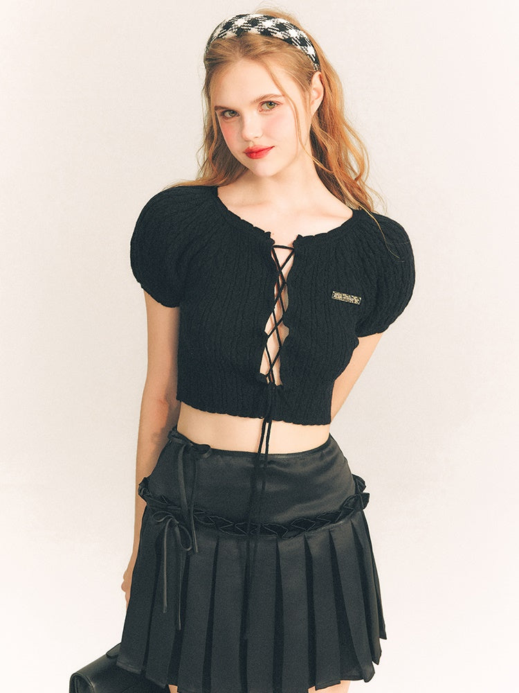 Lace-Up Short Sleeve Cropped Knit