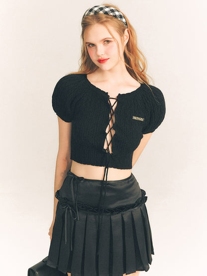 Lace-Up Short Sleeve Cropped Knit