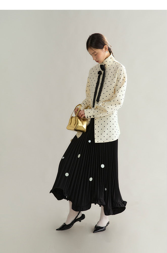 Dot Ciffon Nichi Balloon-Sleeve Chic Blouse＆Skirt