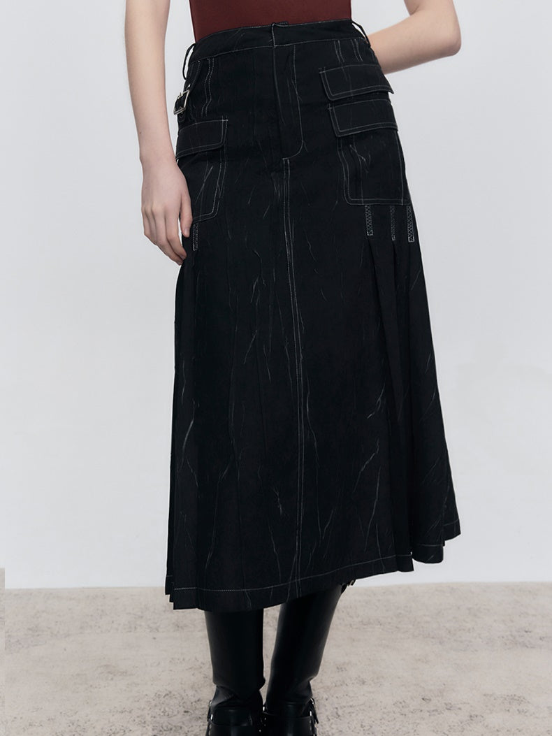 Wrinkle Texture Pleated Pocket Skirt