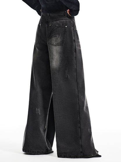 Washed Layered Design Wide-leg Jeans