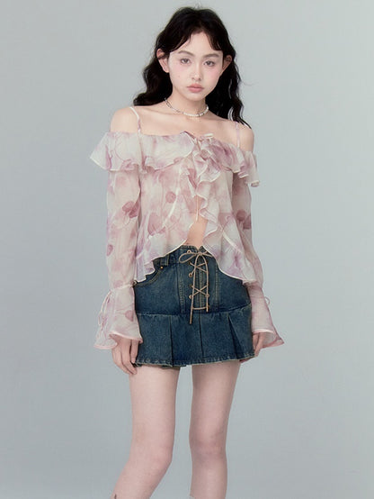 Trumpet Sleeve One Shoulder Lotus Leaf Chiffon Shirt