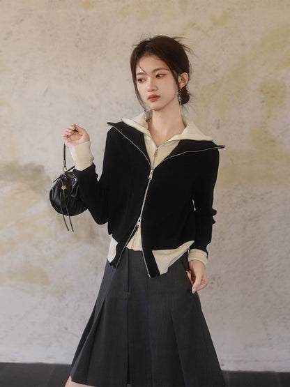 Double-collar Fake Two-piece Contrasting Color Cardigan