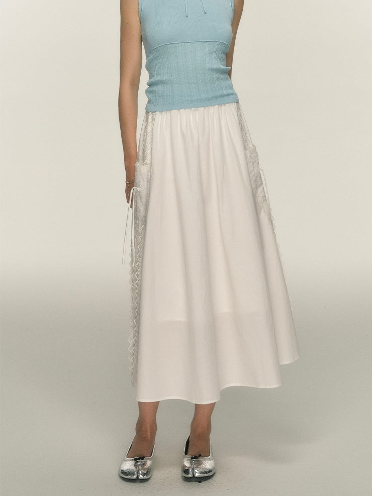 Side Lace Stitch Long Gather Skirt