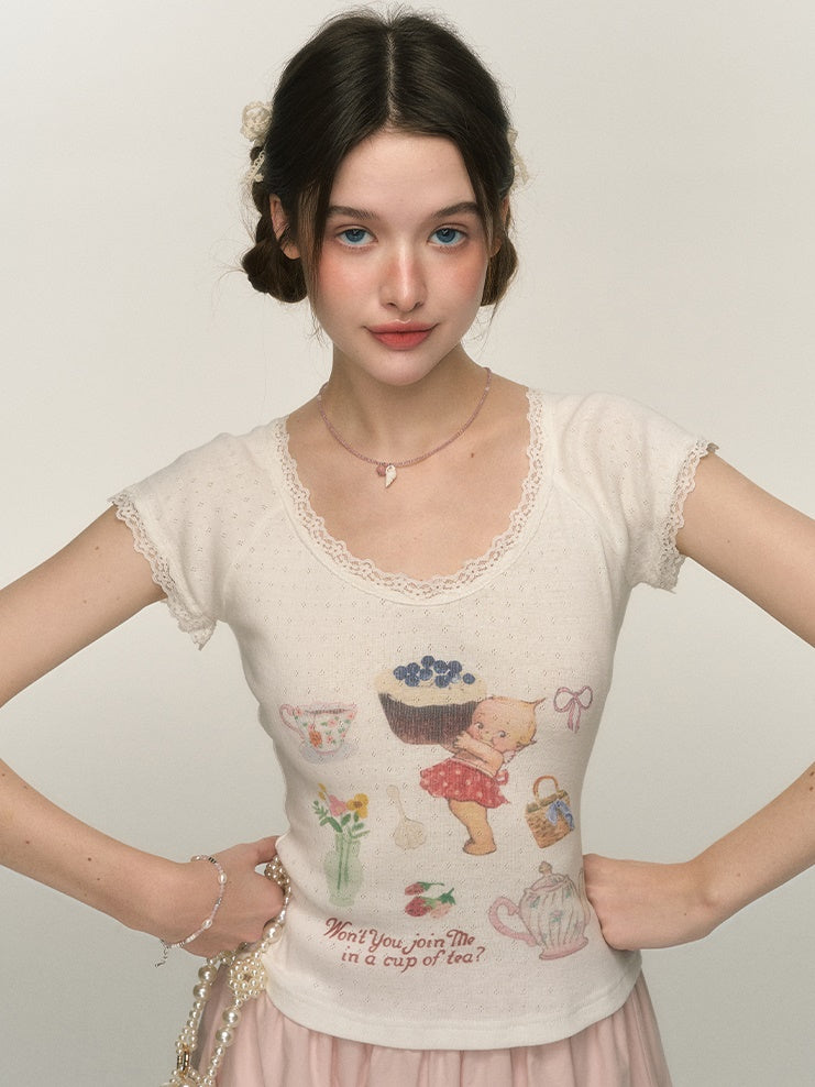 Afternoon Tea Print Sweet Slim Fit T-shirt