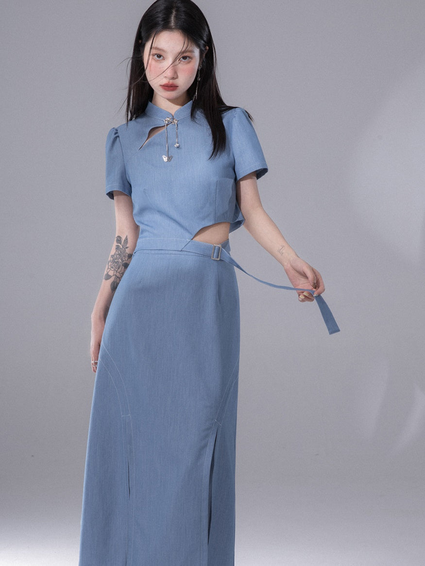 Cut-out Chinese Short Sleeve Top ＆ Slit Skirt Set-up