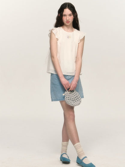 Simple Embroidery A-line Washed Denim Mini Skirt