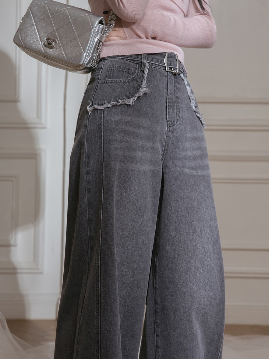 Distressed Frayed Wide-Leg Jeans