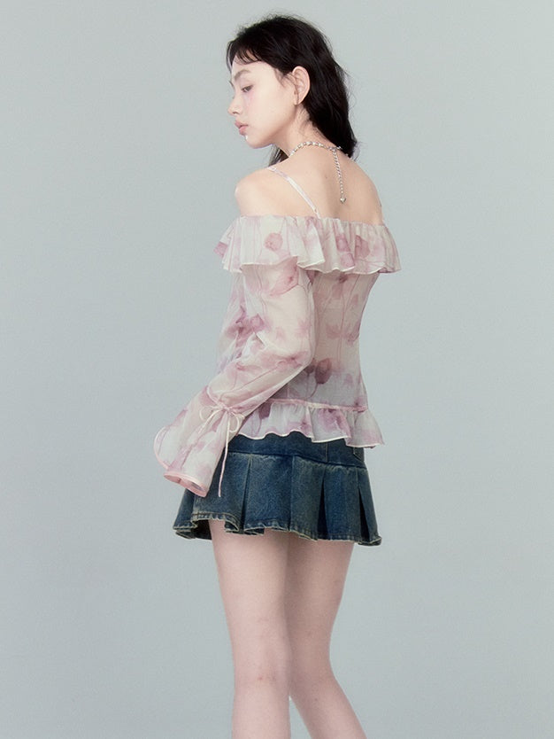 Trumpet Sleeve One Shoulder Lotus Leaf Chiffon Shirt