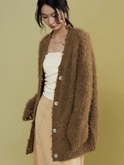 Oversized Furry Placket Ripped Cardigan