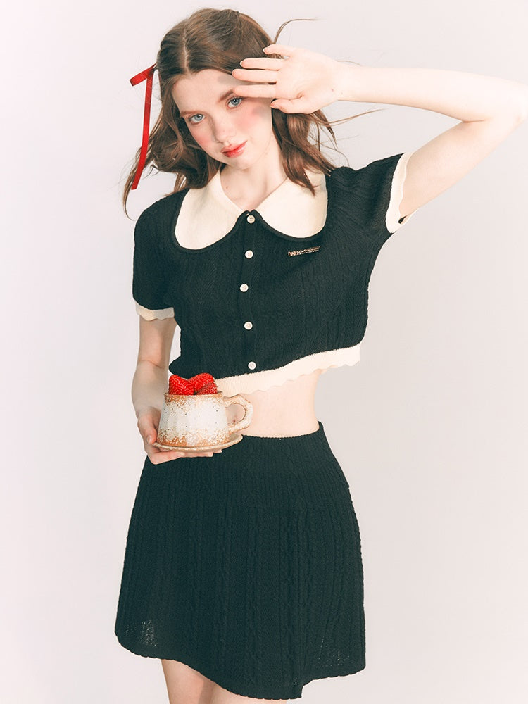 DOLL COLLAR KNITTED TOP &amp; A-LINE HALF SKIRT SET-UP