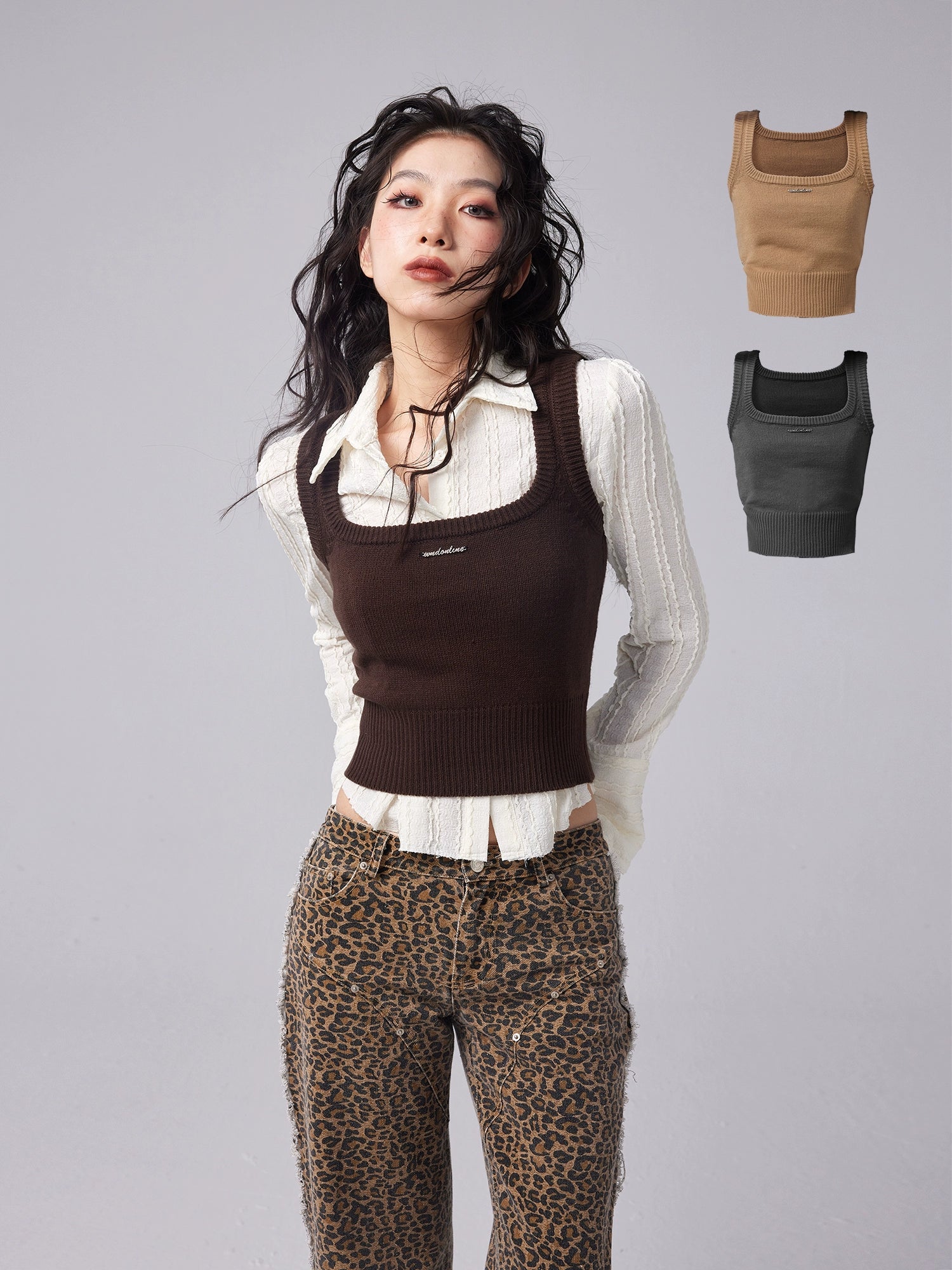 Square-Neck Elastic Short Knitted Vest