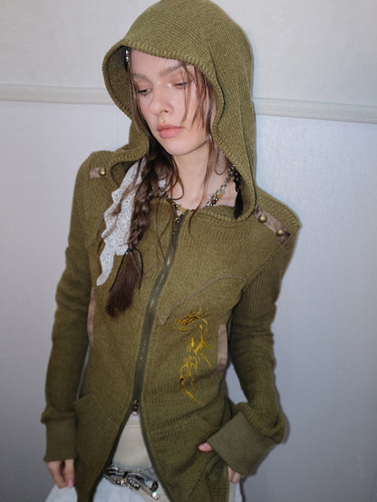 Embroidery Slim Knitted Hooded Parka