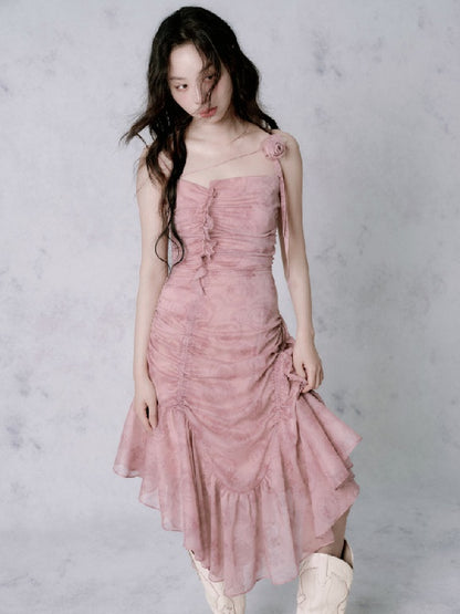 Rose Asymmetrical Wrinkled Suspender Dress