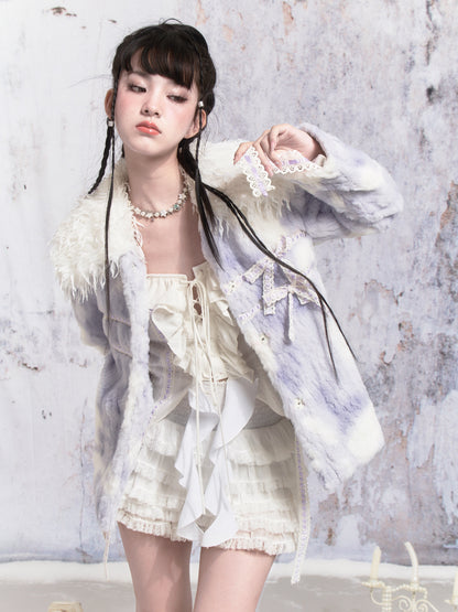 Ribbon Tie-dye Stitching Fur Jacket