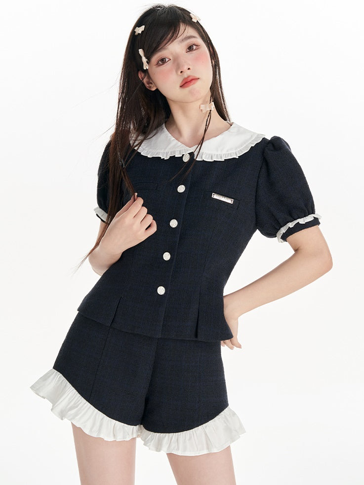 Doll Collar Puff Sleeves Small Fragrance Top &amp; Frill Shorts