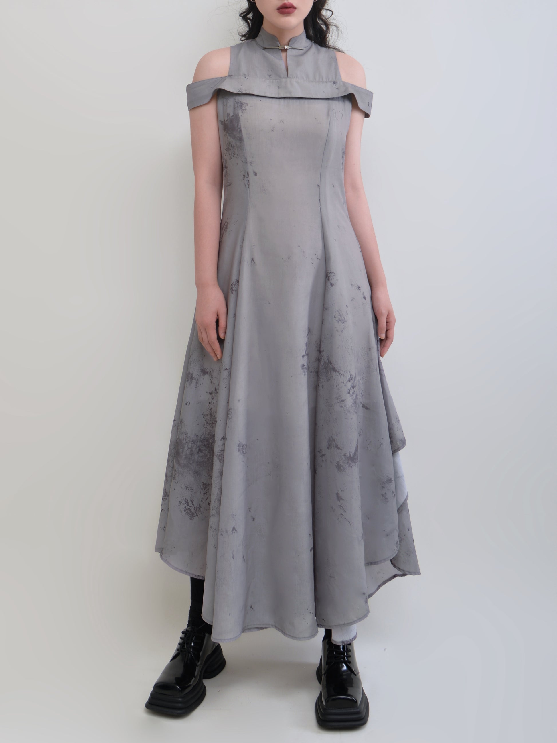 Mao Collar Ink Printing One-shoulder Dress