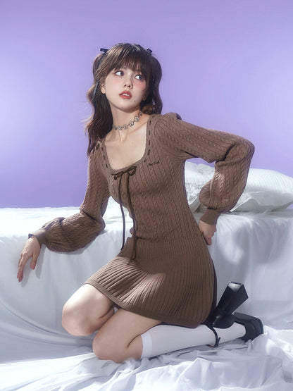 Square Neck Cable Knitted Dress