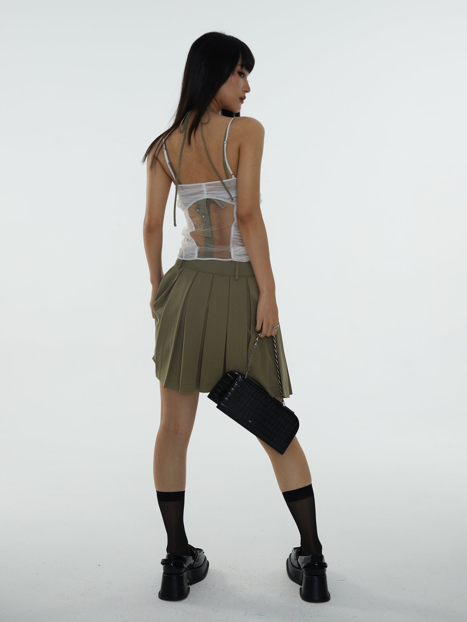 Mesh Shirring See-through Ribbon Camisole