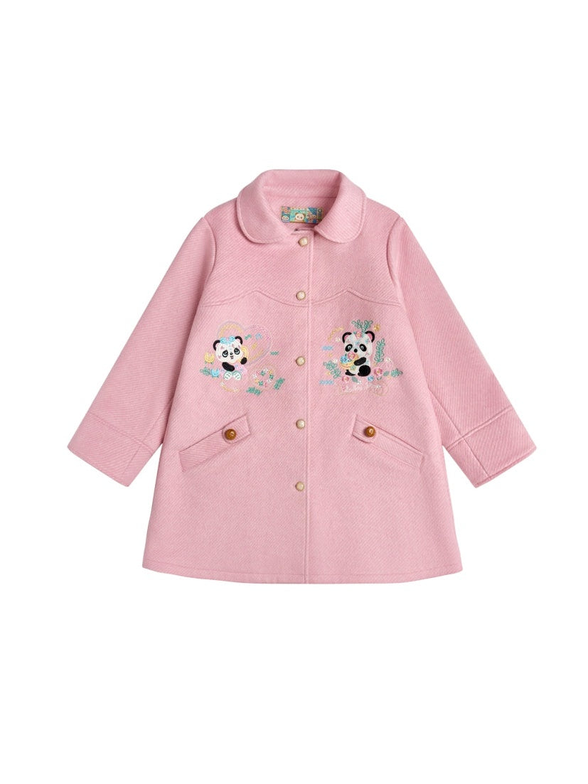 Panda Embroidered Doll Collar Mid-length Coat