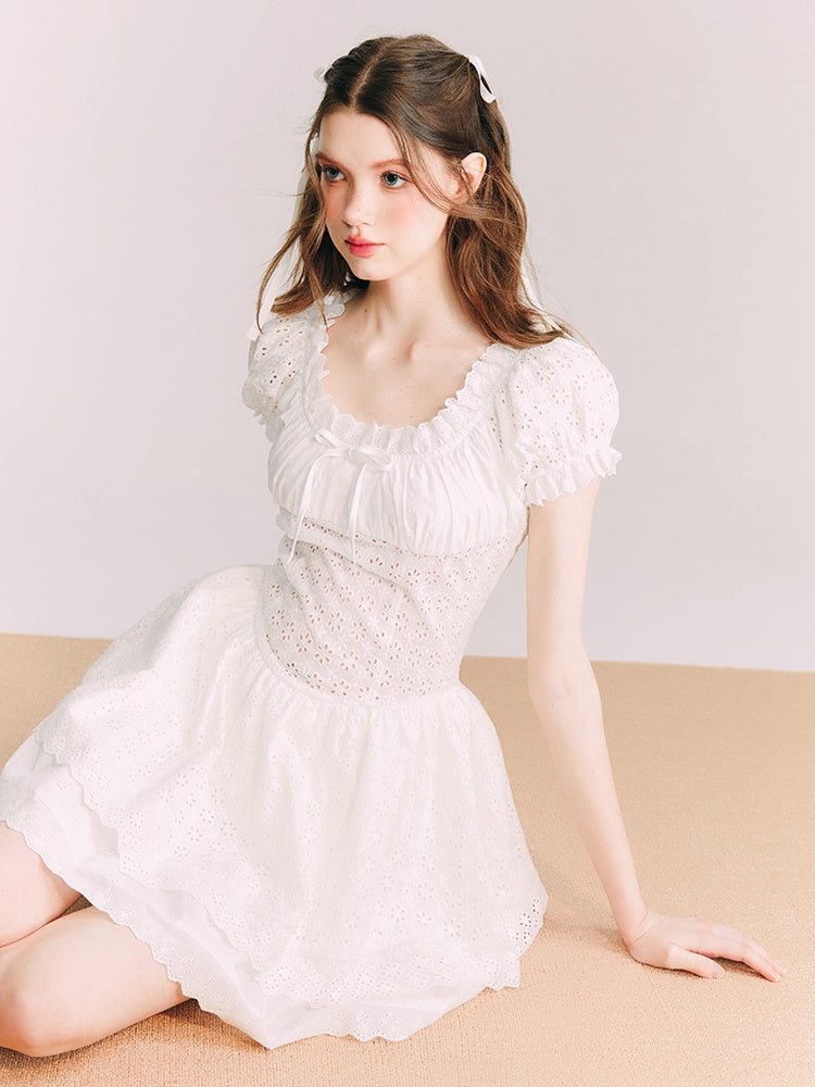 Embroidered Lace Waist Hollow Short Dress