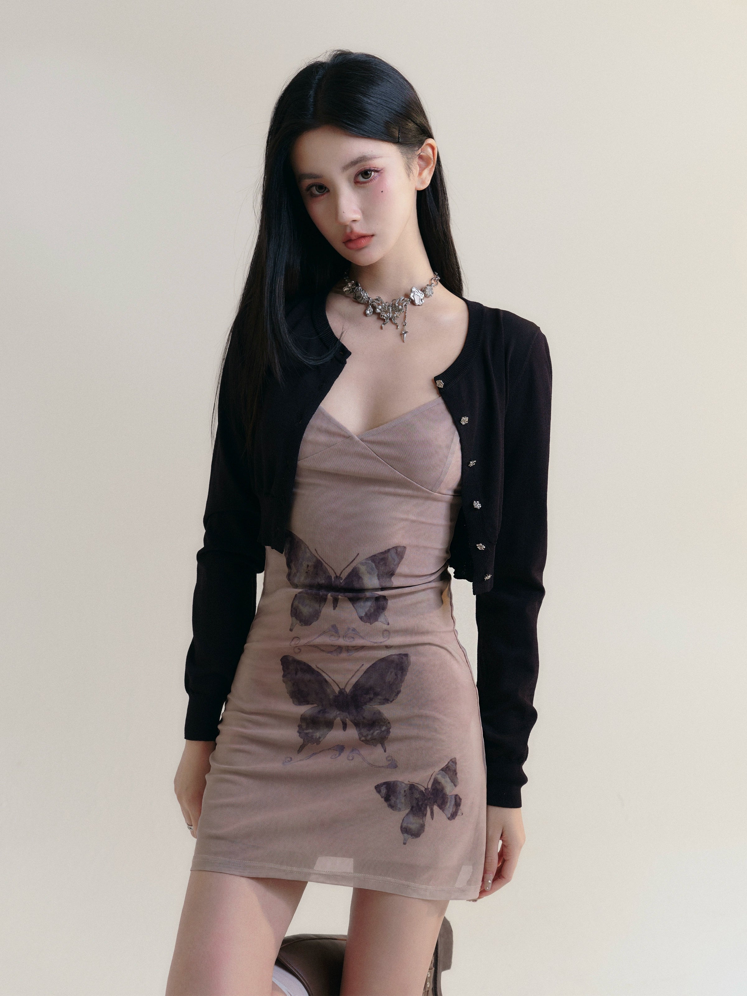 Butterfly Print Suspender Slimming Dress