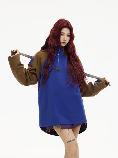 Color Contrast Half-Zipper Loose Pullover