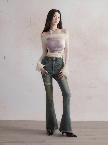 Retro Ripped Flared Jeans