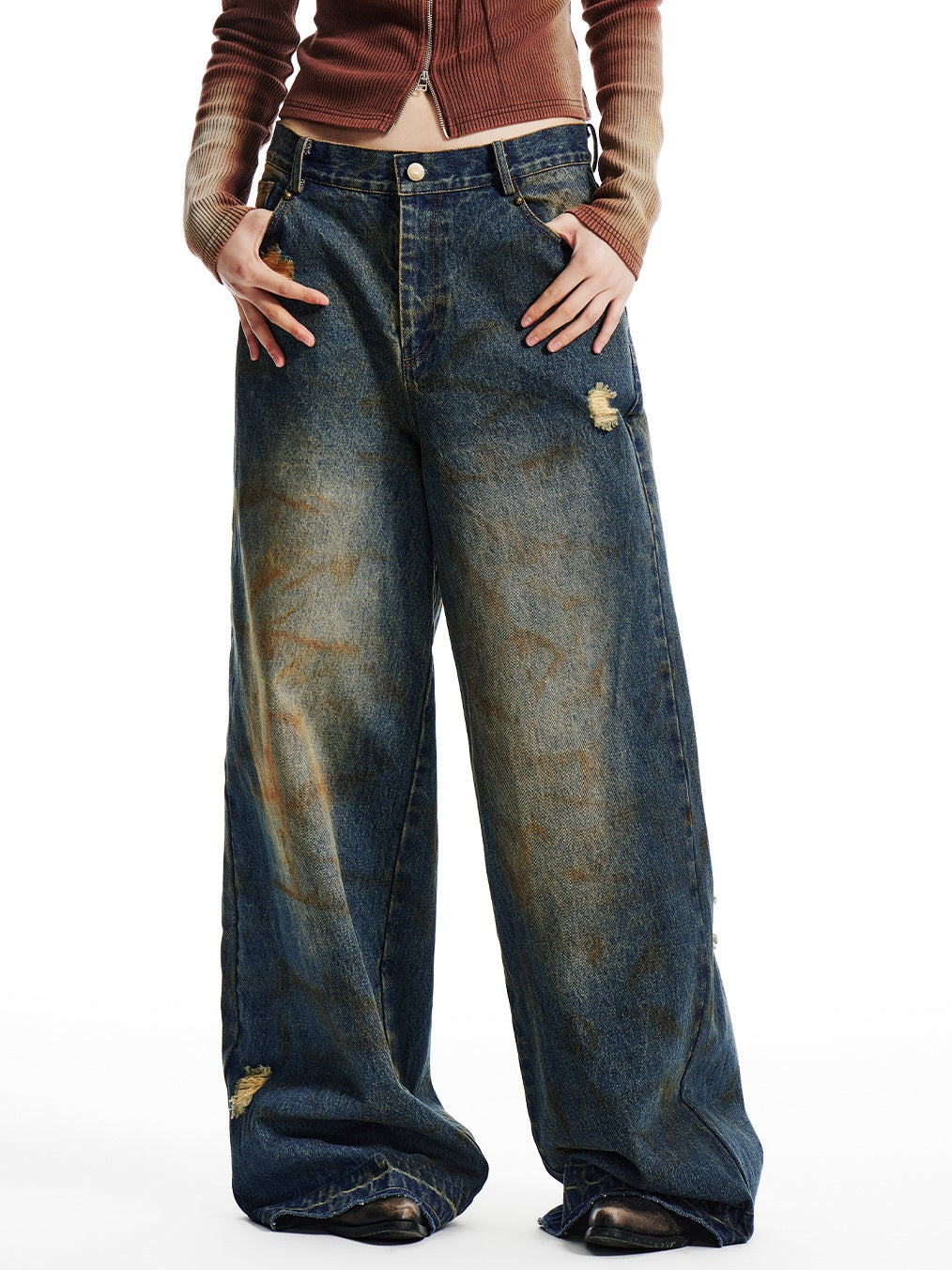 Dirty Washed Ripped Loose Wide Leg Jeans