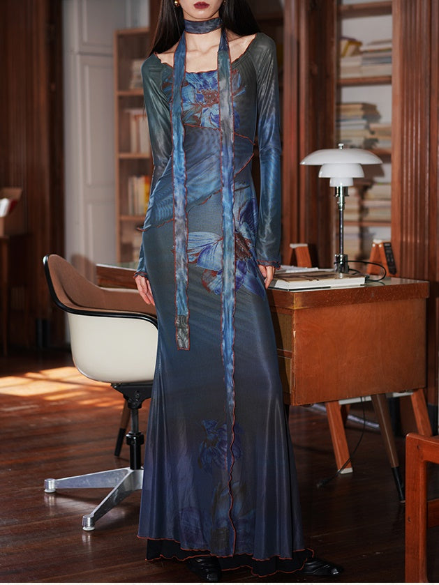 Flower Printed Mesh Slim Long Dress – ARCANA ARCHIVE