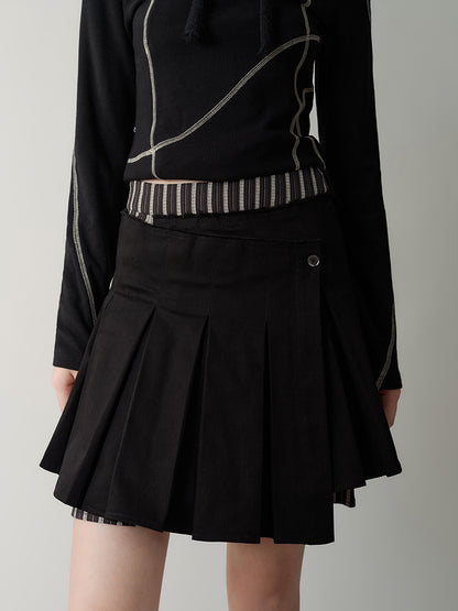 High Waist Striped Splicing Pleated Skirt