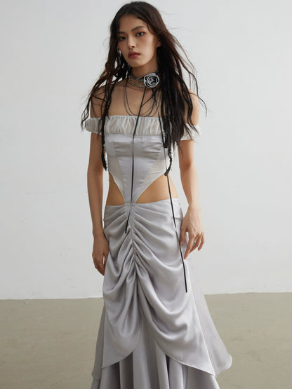 Tailloses Off-Shoulder-Maxi-Satinkleid