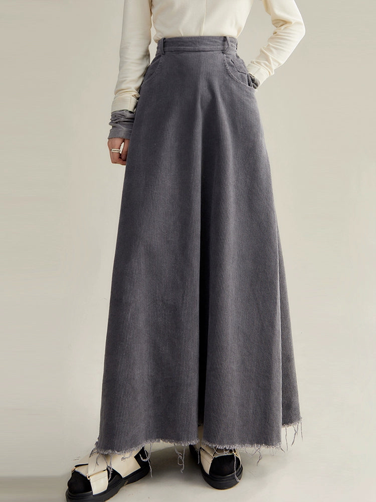 Fringed Corduroy Long A-line Skirt