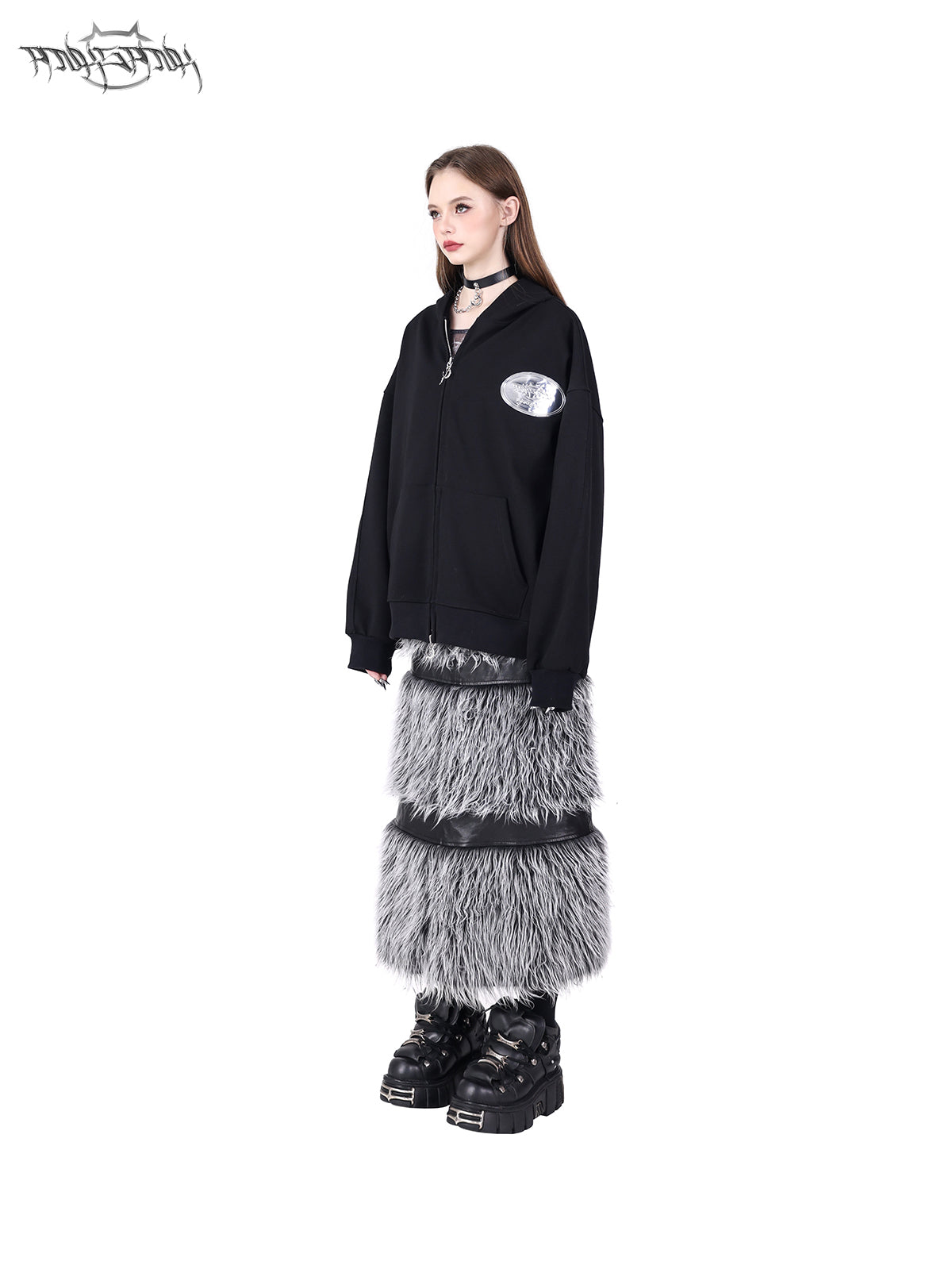 Front And Back 2Way Spliced Fur Double Zipper Leather Skirt