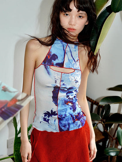 Chinese Printing Slim Stand Collar Tank Top