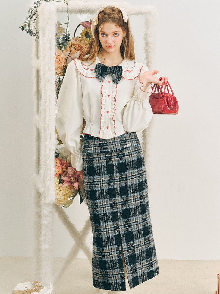 Checked I-Line Slit Mid-Length Skirt &amp; Ribbon