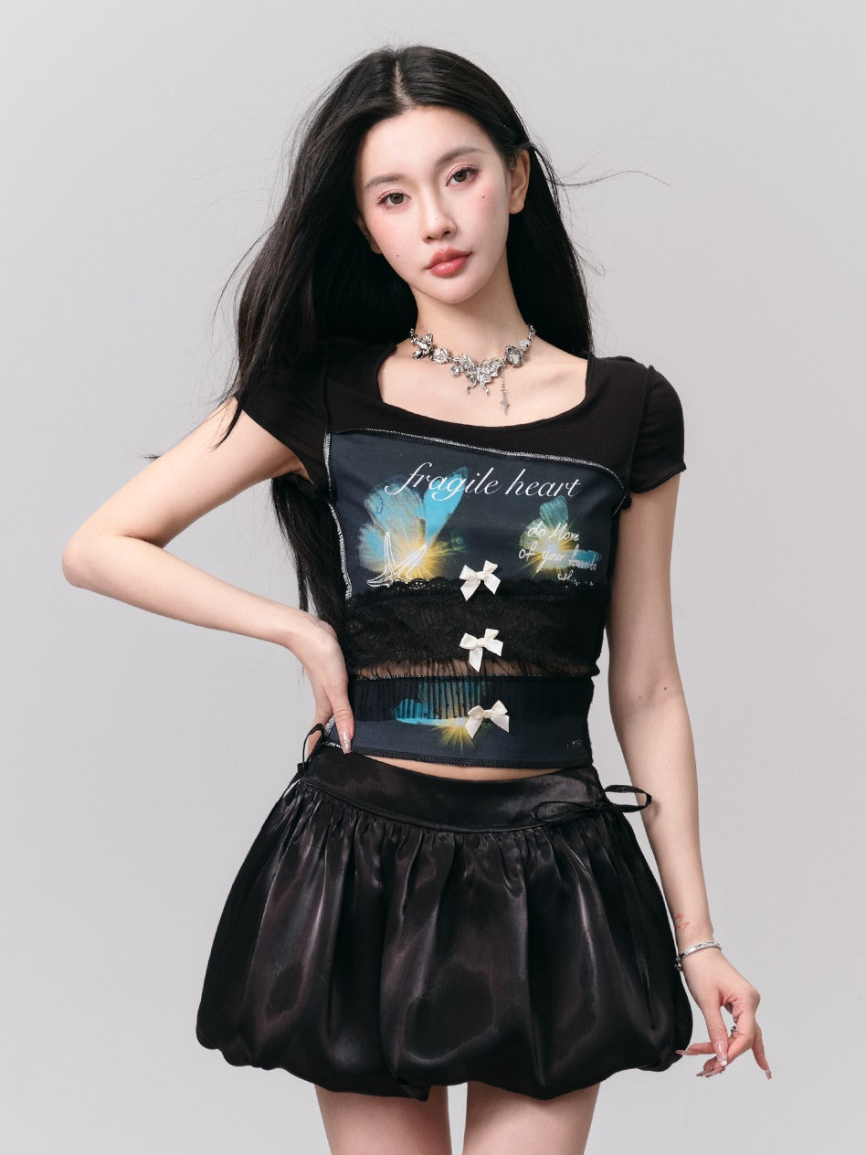 Printed Lace Stitching Bow Slim T-Shirt