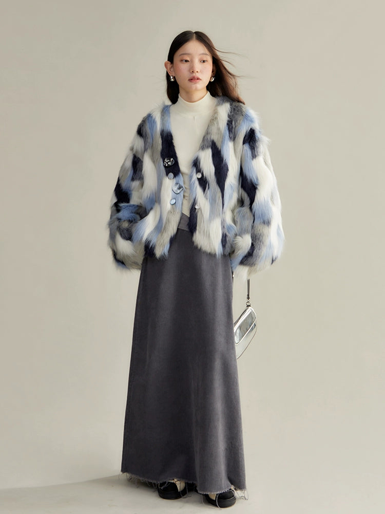 Contrast Color Eco-friendly Fur Short Furry Coat