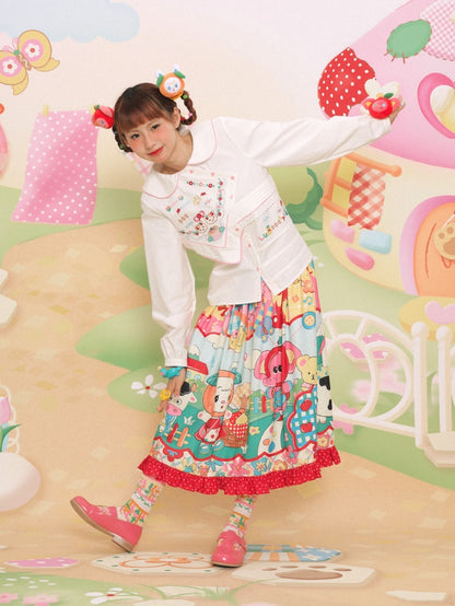 Cartoon Printed Splicing Lace Gather Skirt