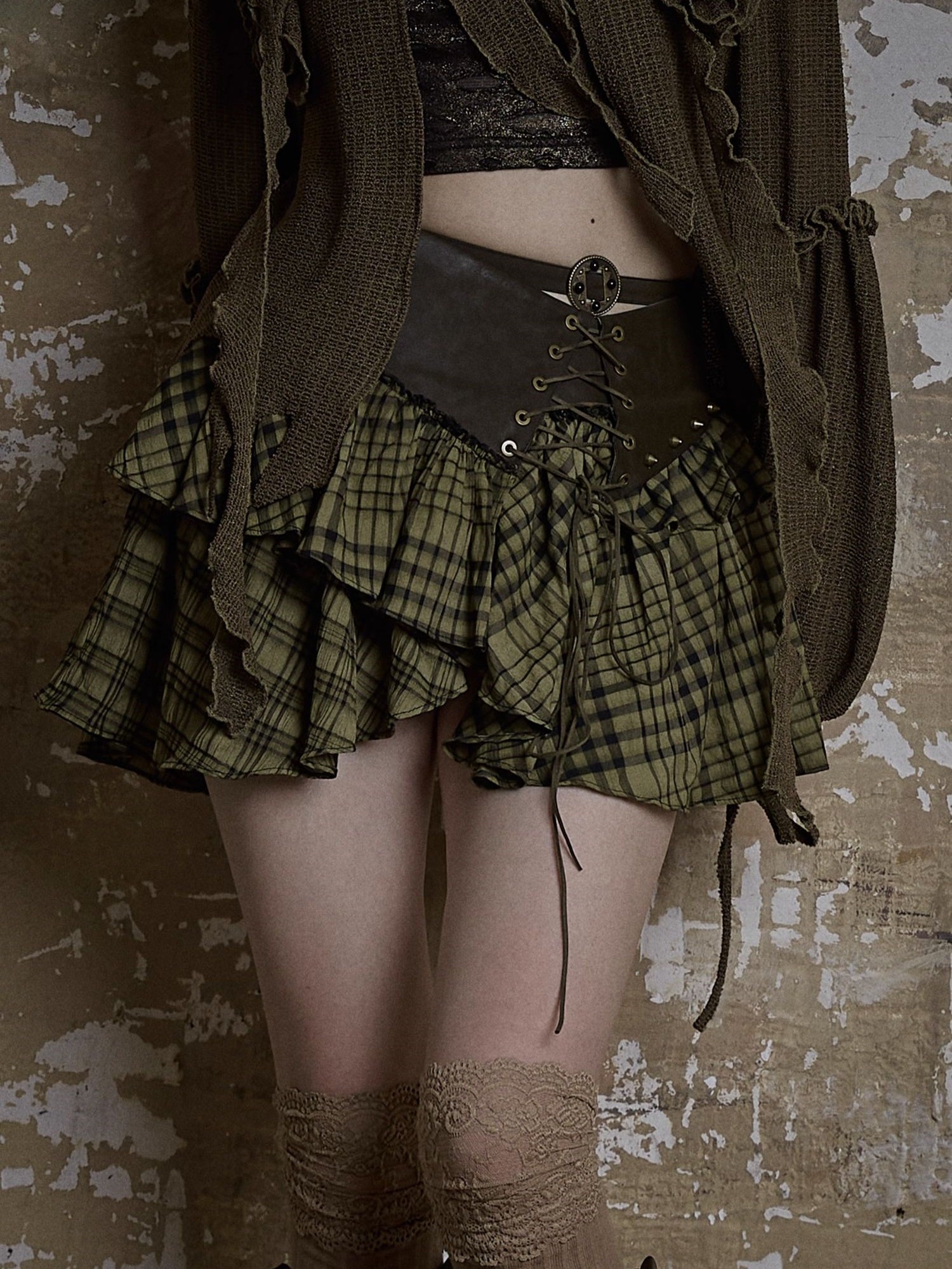 Waist Lace-Up Plaid Splicing Irregular Short Skirt