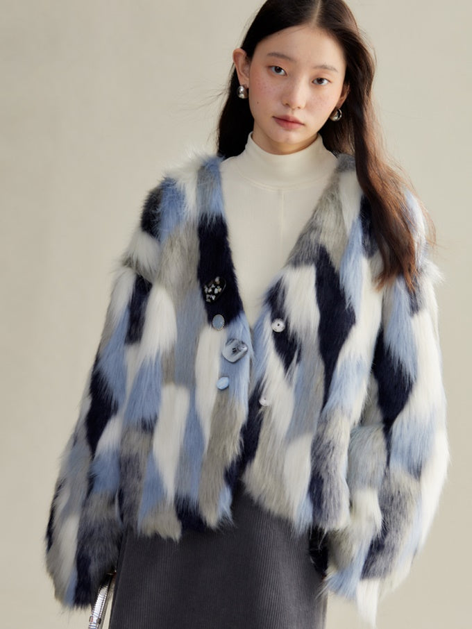 Contrast Color Eco-friendly Fur Short Furry Coat