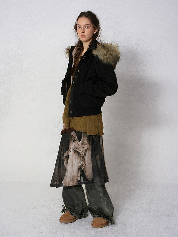 Fur Collar Short Hooded Bomber Jacket