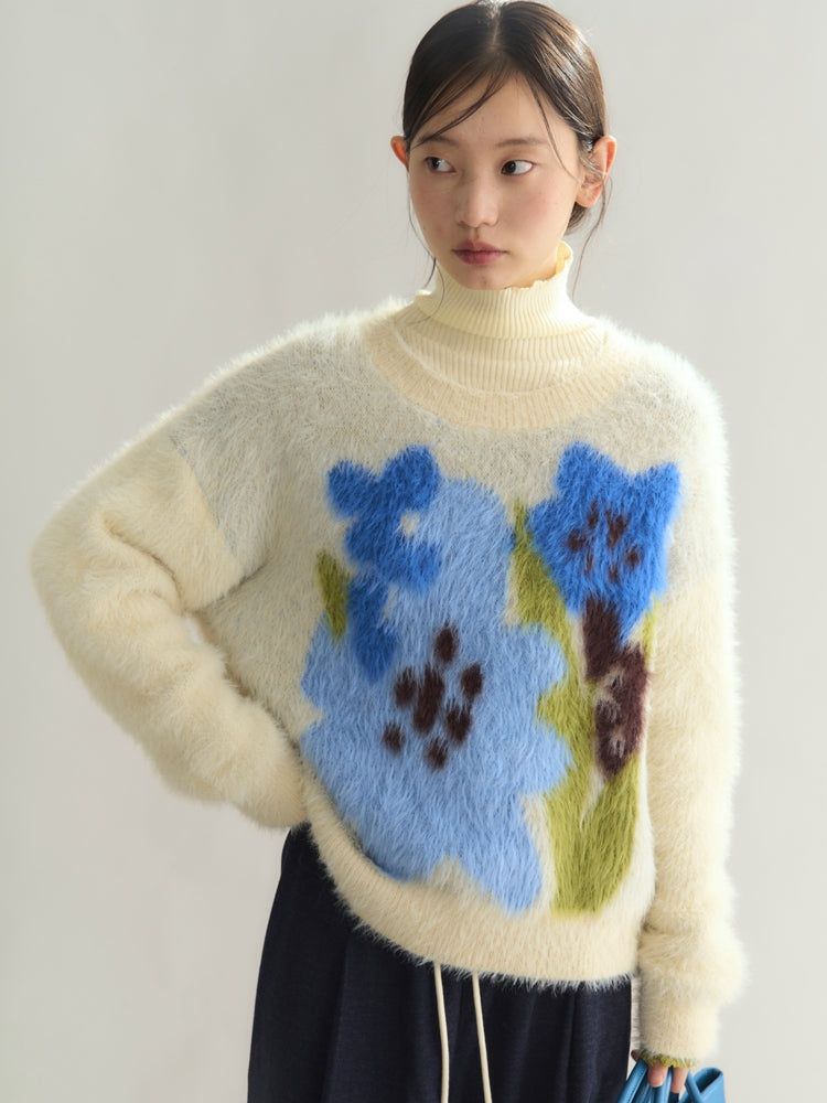 Flower Retro Crew-Neck Mohair-Knit