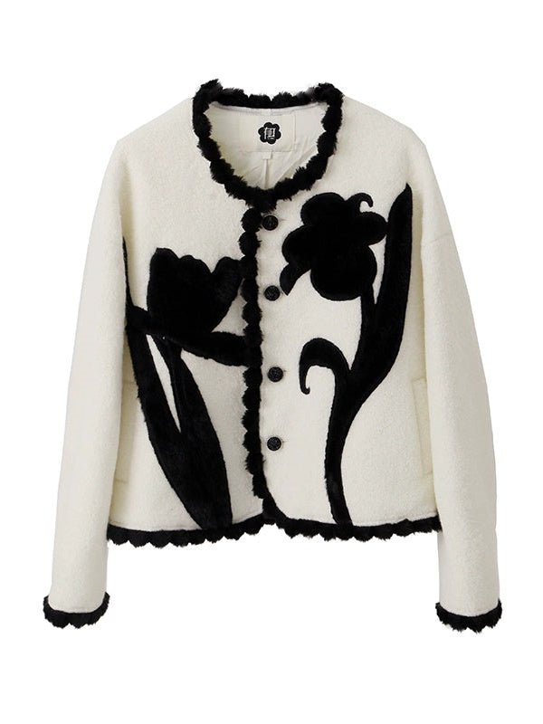 Tulip Embroidered Fur Ball Lace Short Coat