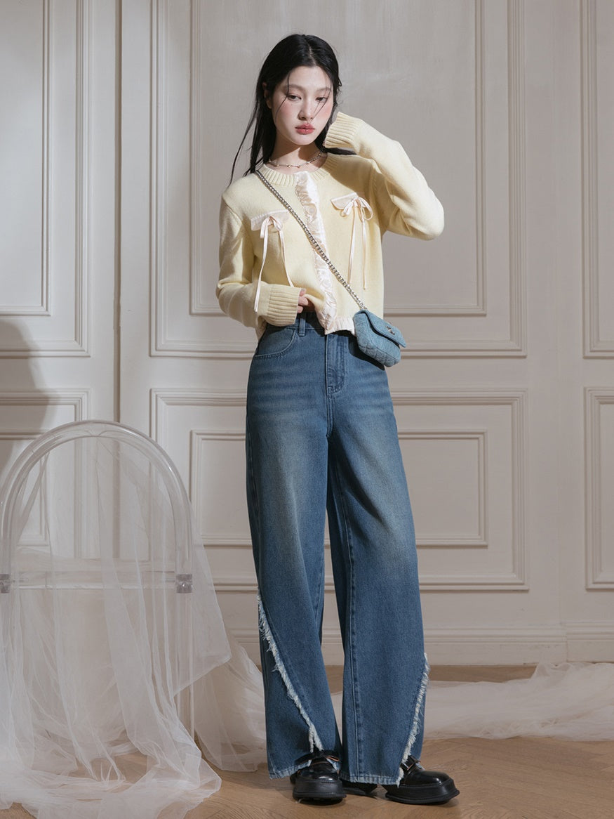 Raw Edge Slit Wide-leg Jeans