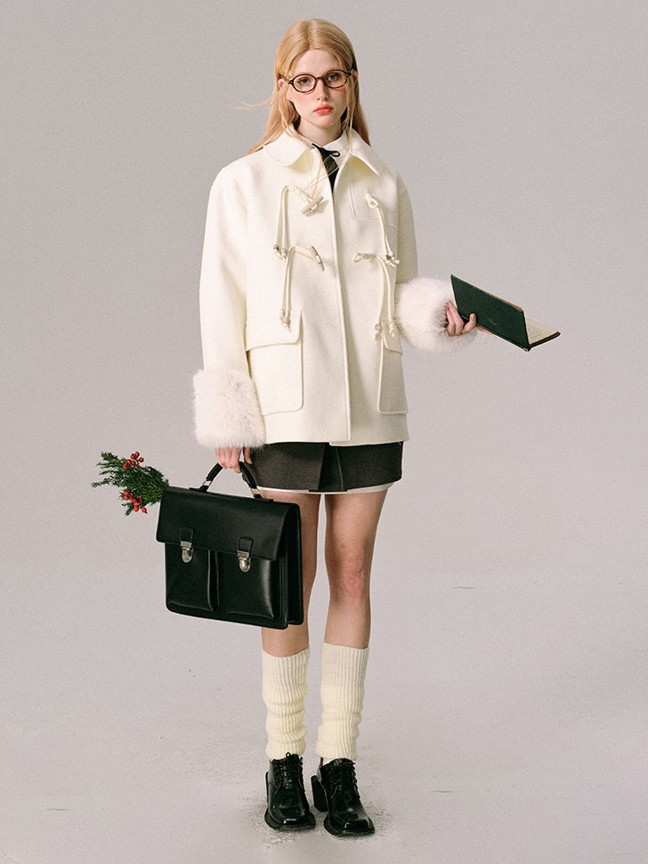 Horn Button Furry Collar Short Coat