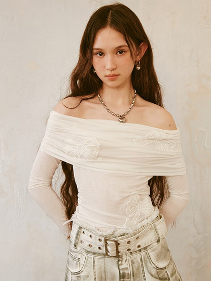 Bow Hollow Patch Embroidered Off-shoulder Top