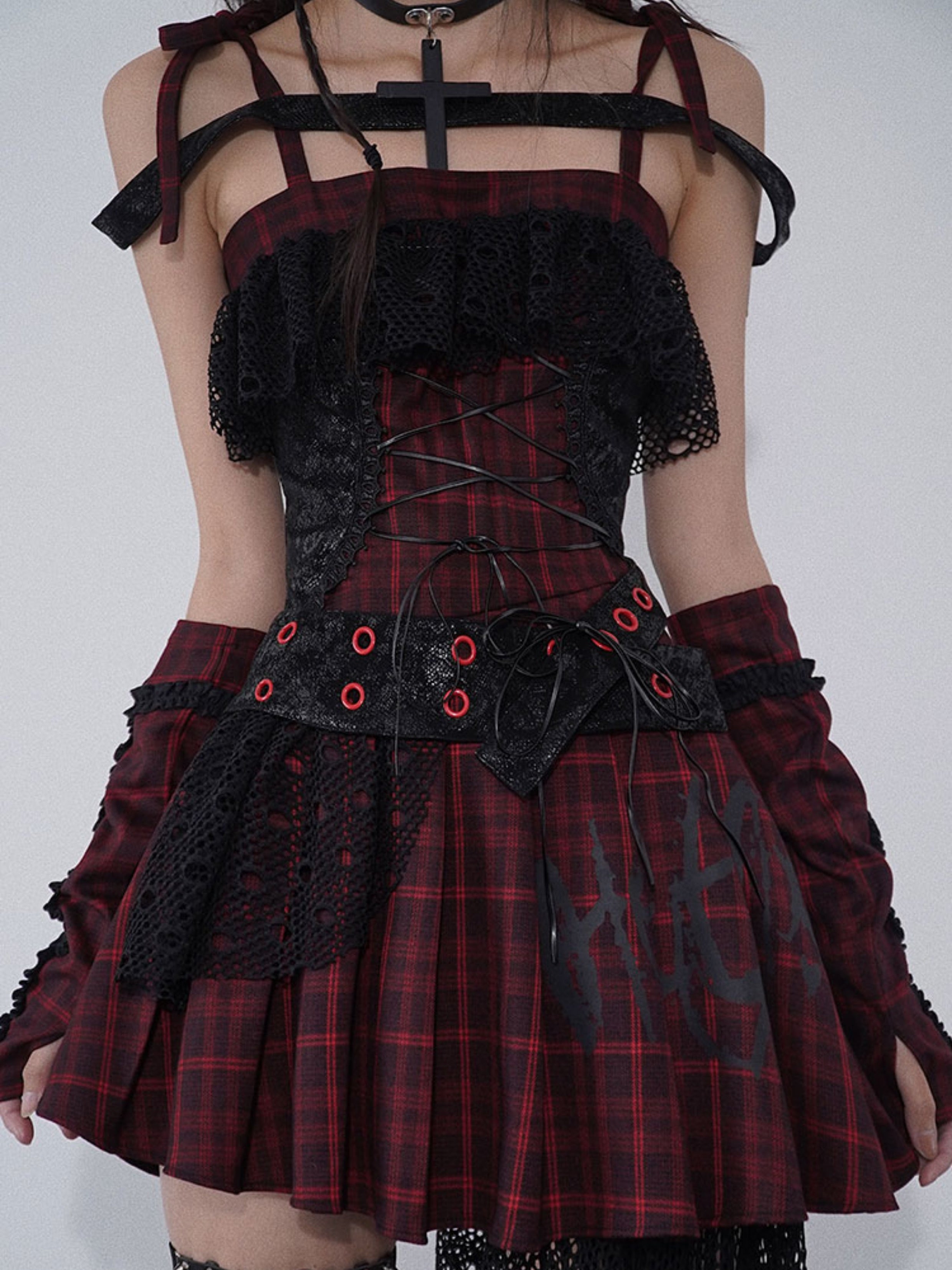 Niche Rock Suspender Plaid Dress